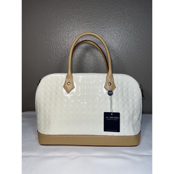 Arcadia Italy White Patent Leather Dome Satchel Vachetta Trim Top Handle NWT - Picture 1 of 10